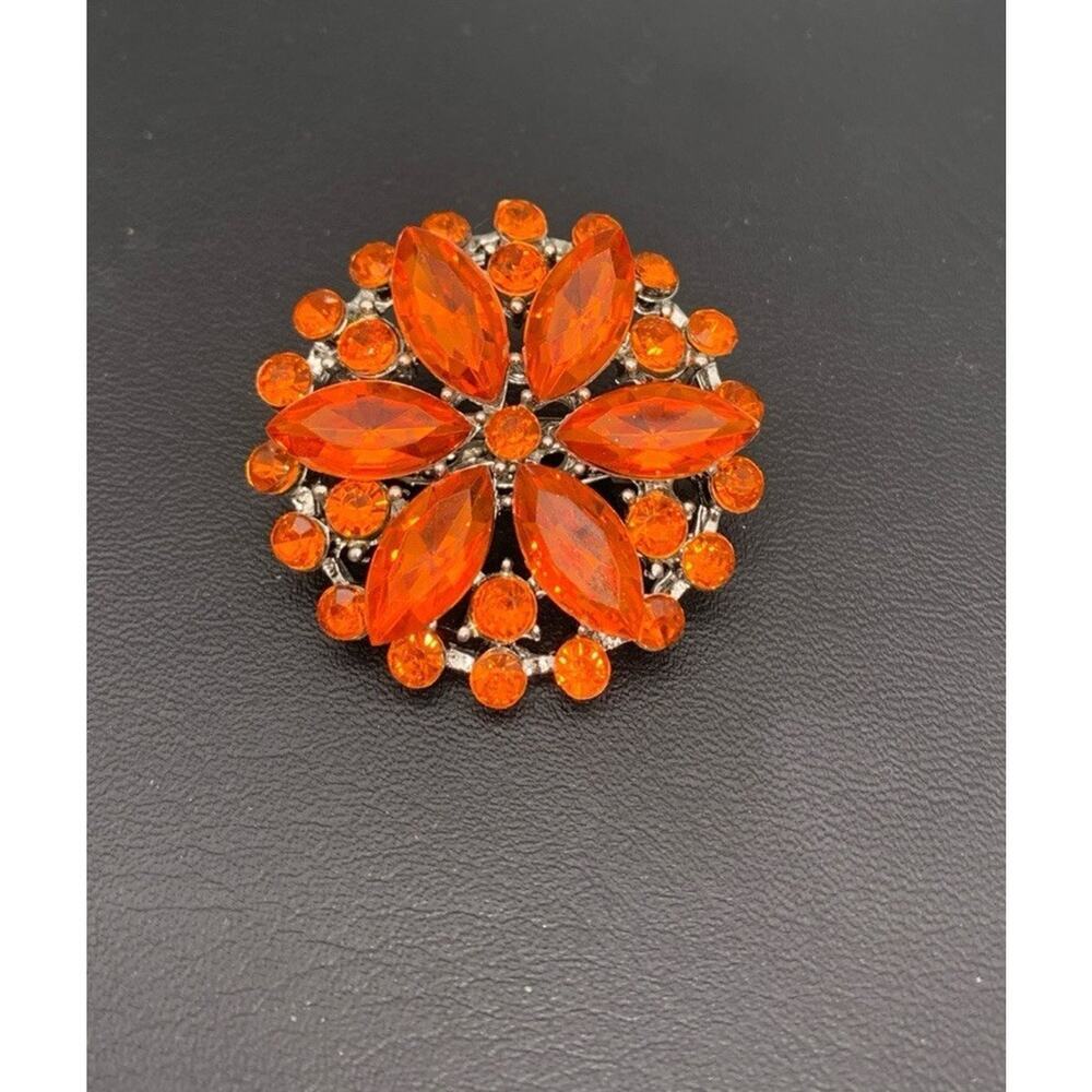 Silver Tone & Orange Rhinestone Sparkly Contemporary Brooch